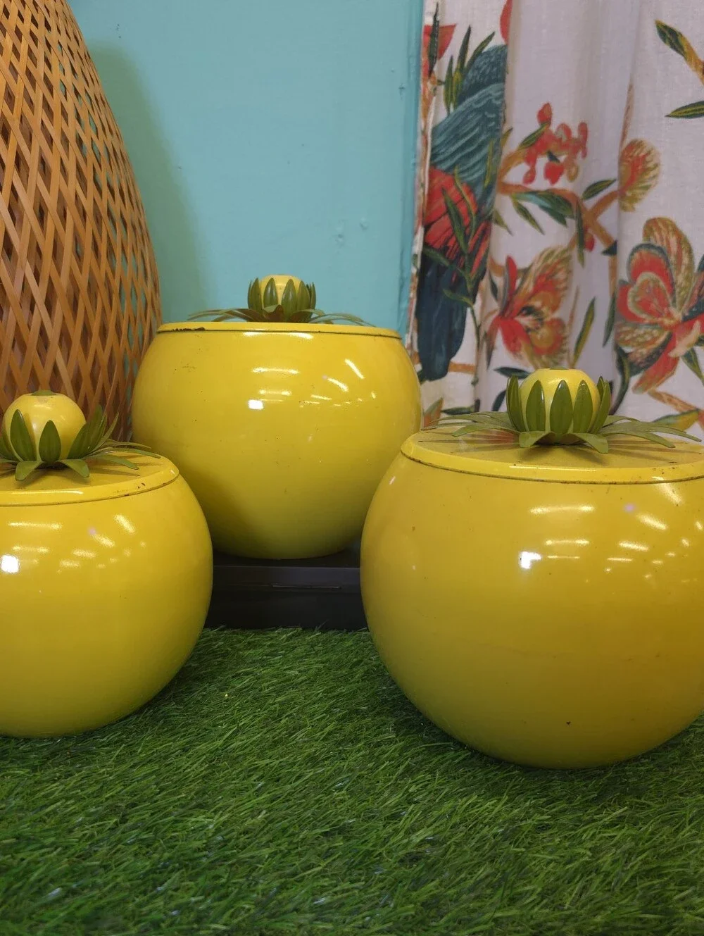 Vintage Yellow Metal Lemon Top  Tea & Sugar Canister Set
